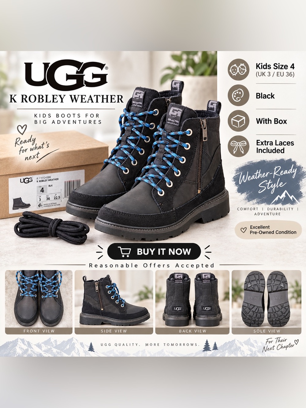 UGG K Robley Weather Kids Boots Black Size 4 EU 36 w/ Box + Extra Laces